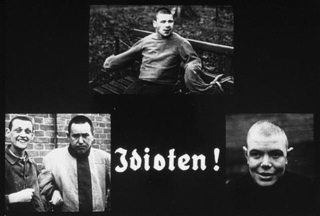 Propaganda slide featuring three portraits of mentally ill patients